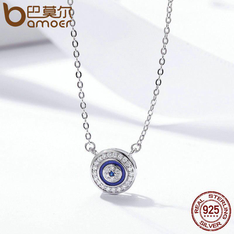 Bamoer Hot Sale 925 Sterling Silver Lucky Blue Eye Clear CZ Pendant Necklace
