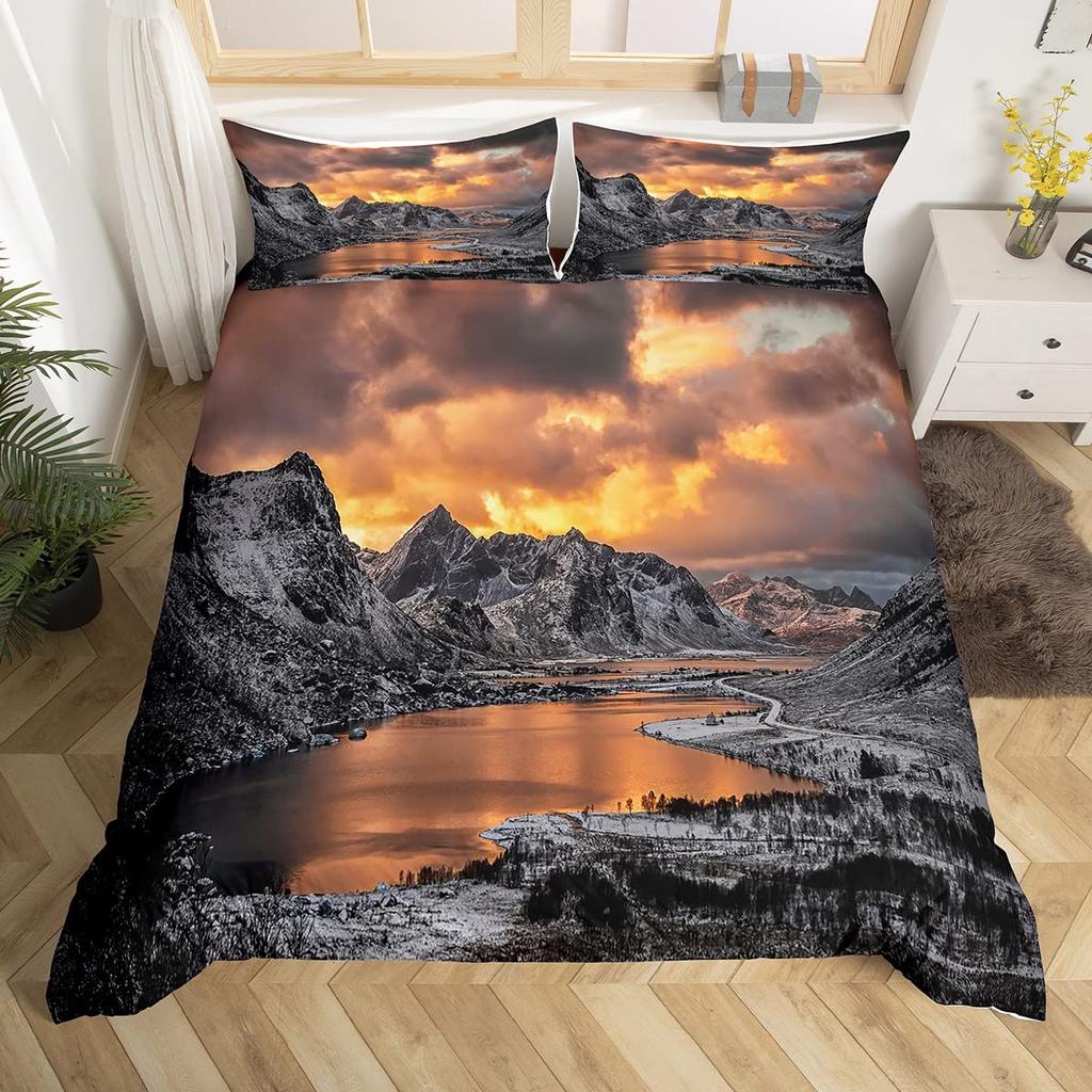 Snow Mountain Duvet Cover Set Iceberg Sunrise Sunset Bedding Set Microfiber Winter Natural Scenery Quilt Cover Single King Size