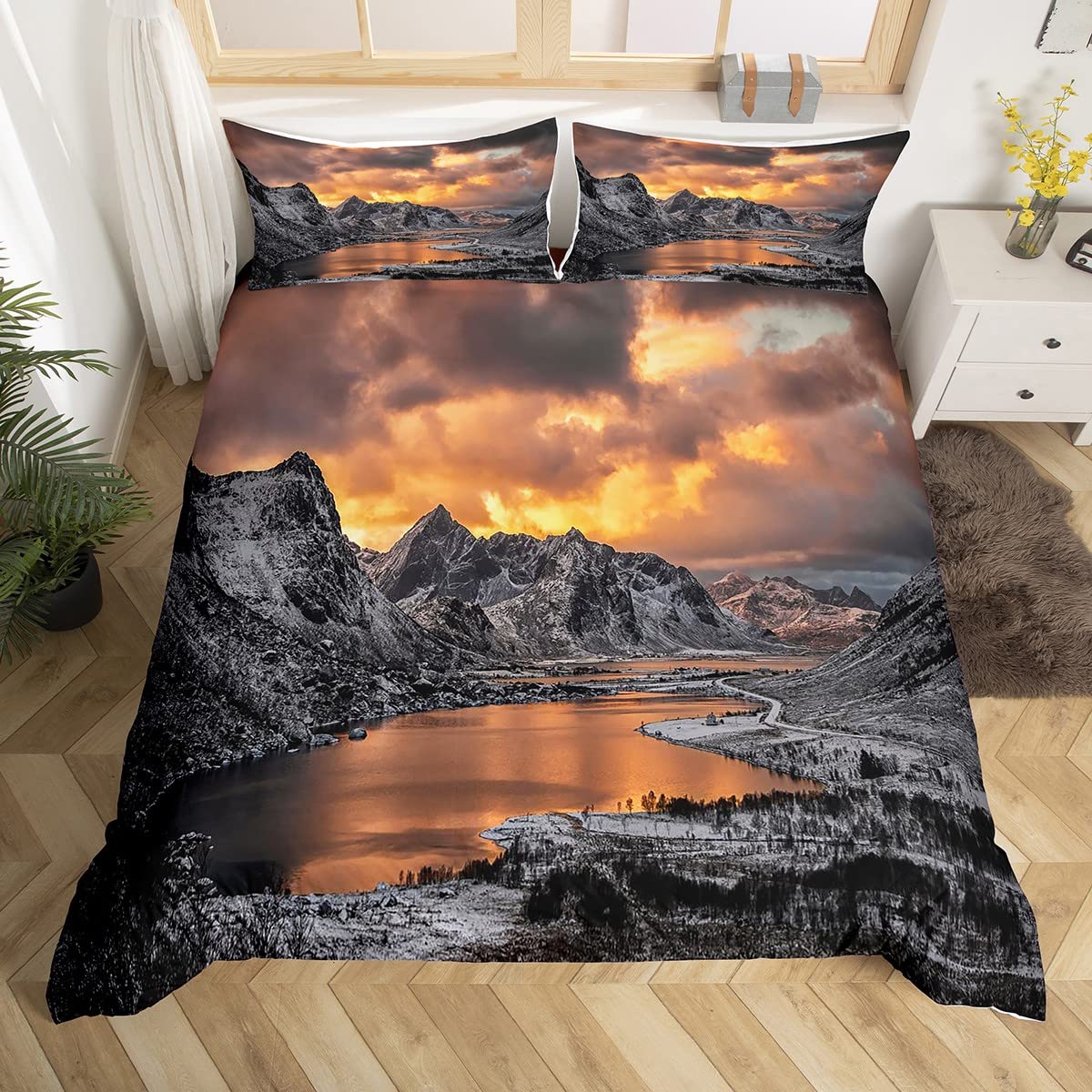 

Snow Mountain Duvet Cover Set Iceberg Sunrise Sunset Bedding Set Microfiber Winter Natural Scenery Quilt Cover Single King Size EU single(135x200cm)