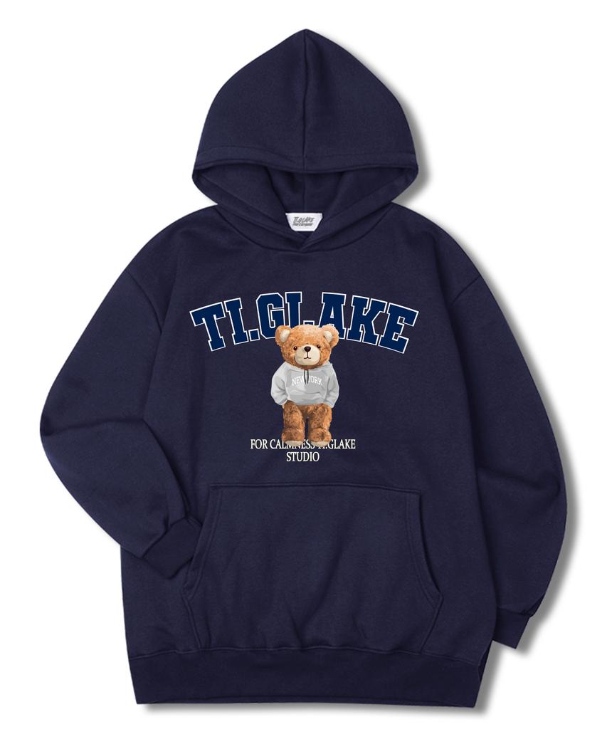 New York Hood Bear Oversized Fleece-Lined Hoodie Navy