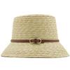 Women Woven Straw Bucket Hat Metal Buckle Leather Band Wide Brim Sun Protection Beach Hat