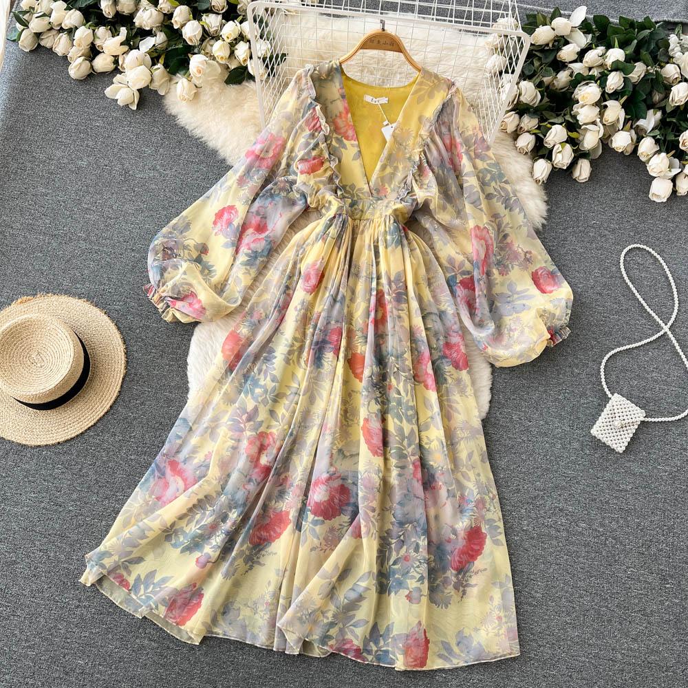 RUGOD Vacation Style Deep V-neck Lantern Sleeves Pleated Long Dress Early Spring Gentle Style Tea Break French Oil Painting Dress