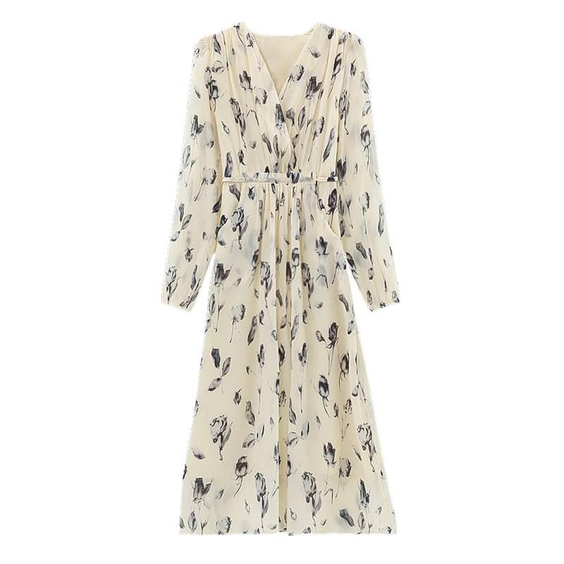 High-End Floral Print V-Neck Long Sleeve Summer Dress for Women