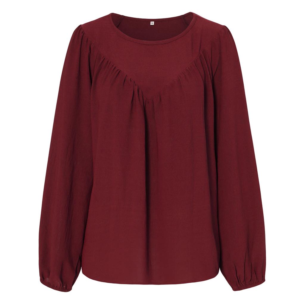 Women Autumn Solid Color Round Neck Pullover Loose Long Sleeve T Shirt Top