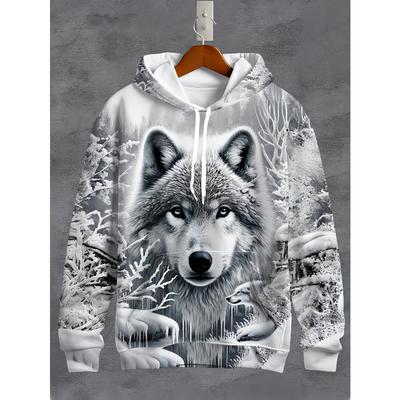 Sudadera con capucha casual para hombre con estampado de lobo y bolsillo con patrón de animal