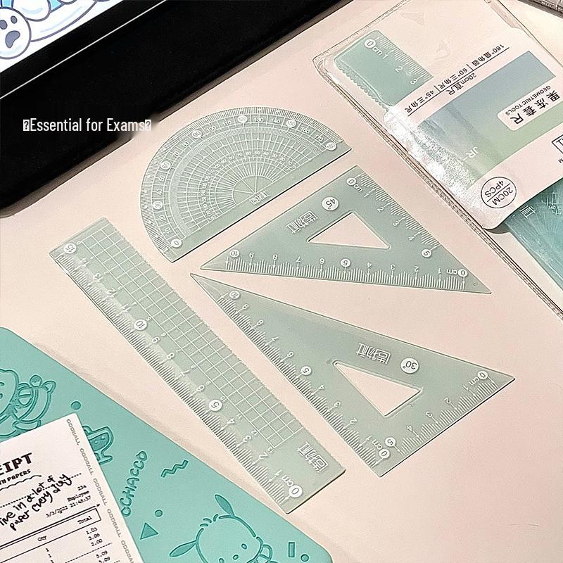 Transparent Stylish Student Exam Ruler Set: Includes Straight Ruler, Square, and Protractor In Multi-Size Options