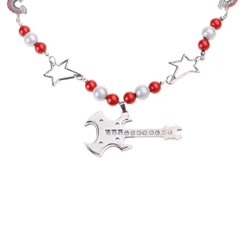 Cool Punk Guitar Pendant Necklace Hollow Star Rainbow Rhinestone Choker Collarbone Necklace Hip Hop Jewelry Y2K Choker