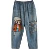Cartoon Wurf Mädchen Stickerei Denim Hosen Für Frauen Trendy Loch Casual Hohe Taille Reithose Taschen Mom Harem Blue Jeans