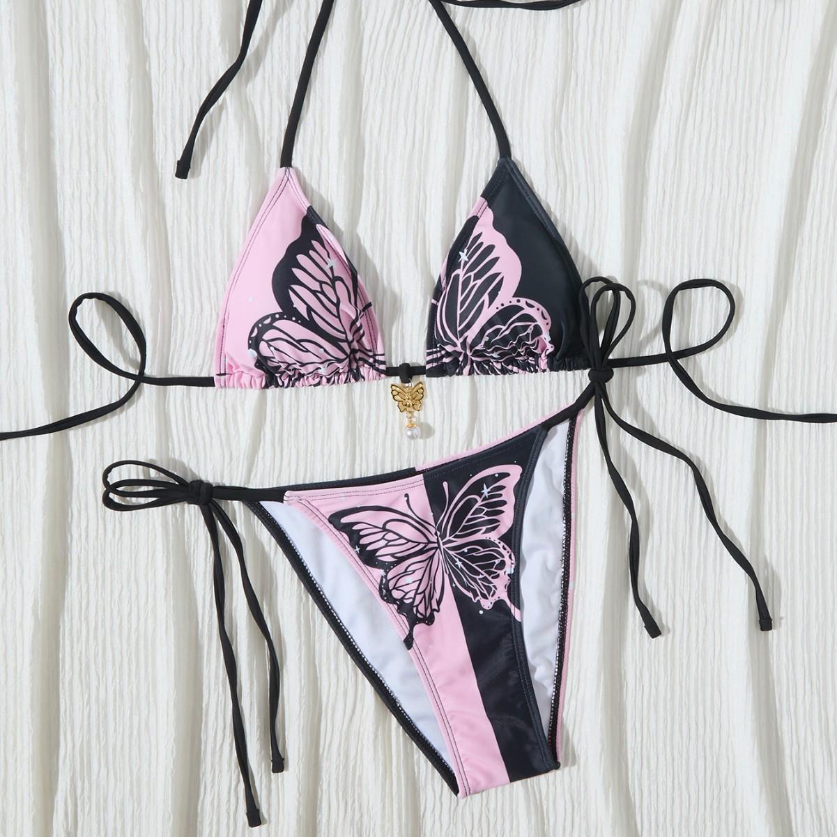 

2025 Бикини с принтом бабочек на халтере и разрезом - Сексуальный женский купальник-треугольник Extra Large цветочные печати