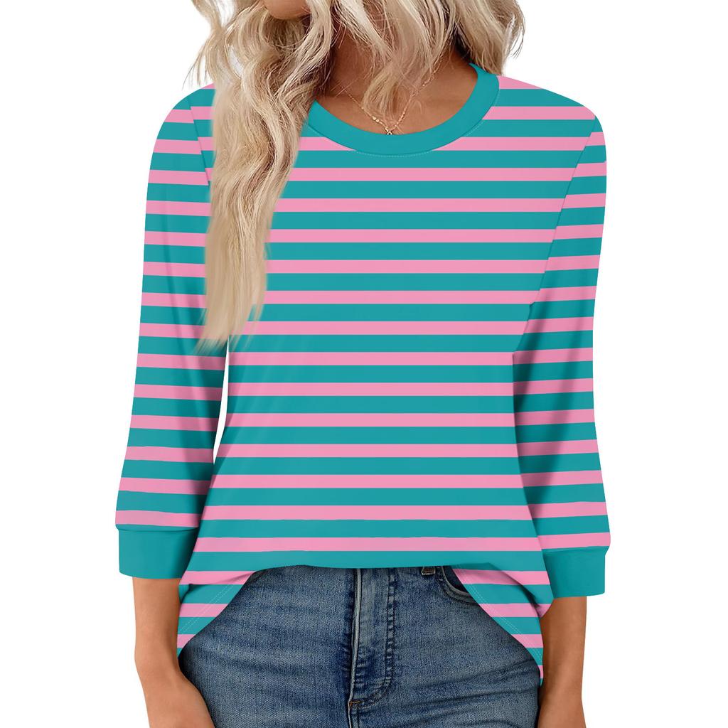 Women's Fashion Casual Seven Sleeve T-Shirt Print Round Neck Top