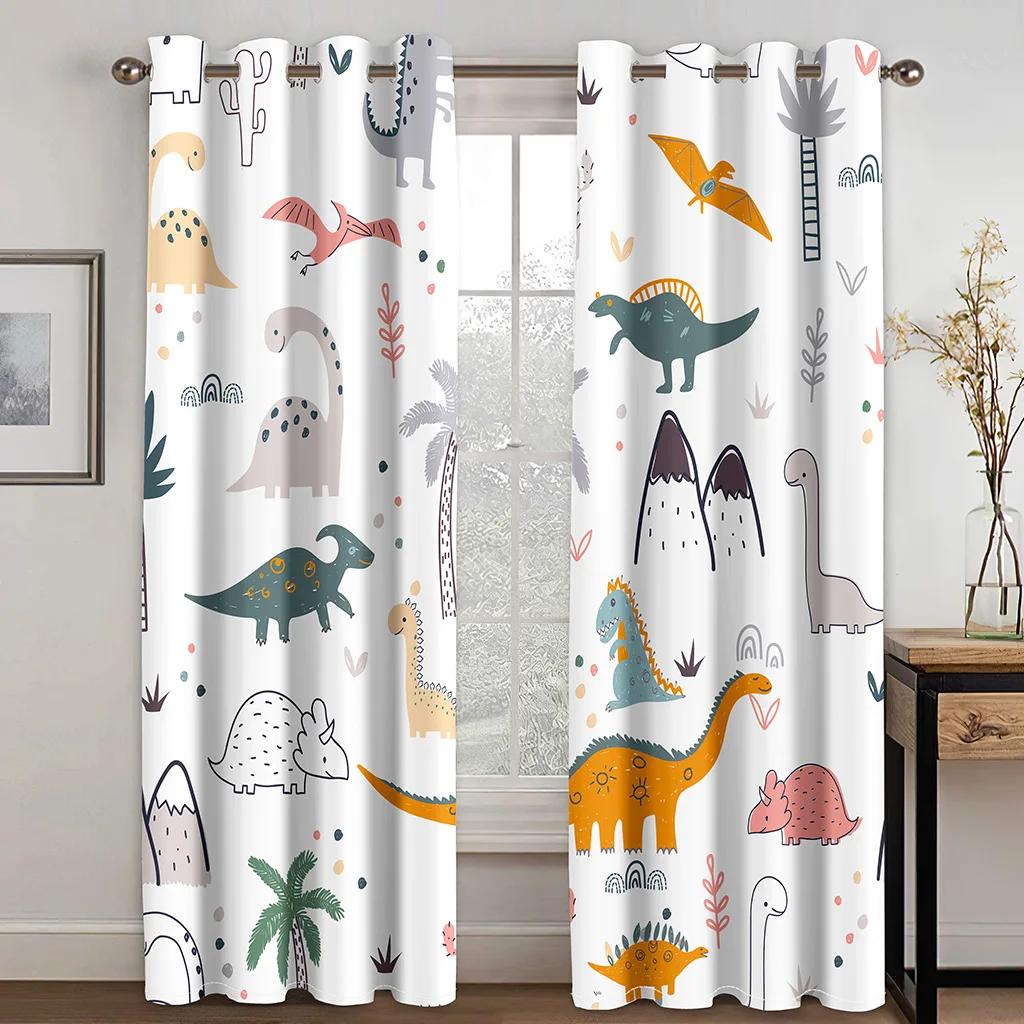 2 Pieces Cartoon Cute Dinosaur Polyester Fabric Cloth Curtain for Living Room Bedroom Nursery Room Kindergarten Free Shipping