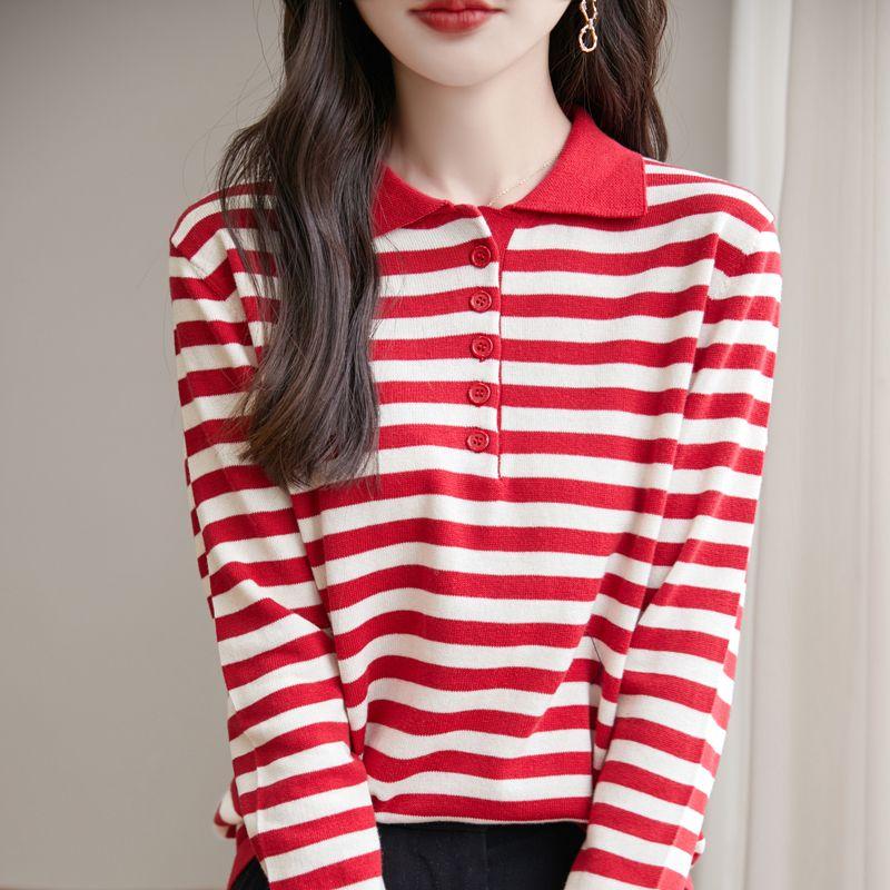 Spring and Summer Women Cotton Striped Sweater Polo Collar Pullover Casual Color Blocking Knitwear Long Sleeve Clothing Tops