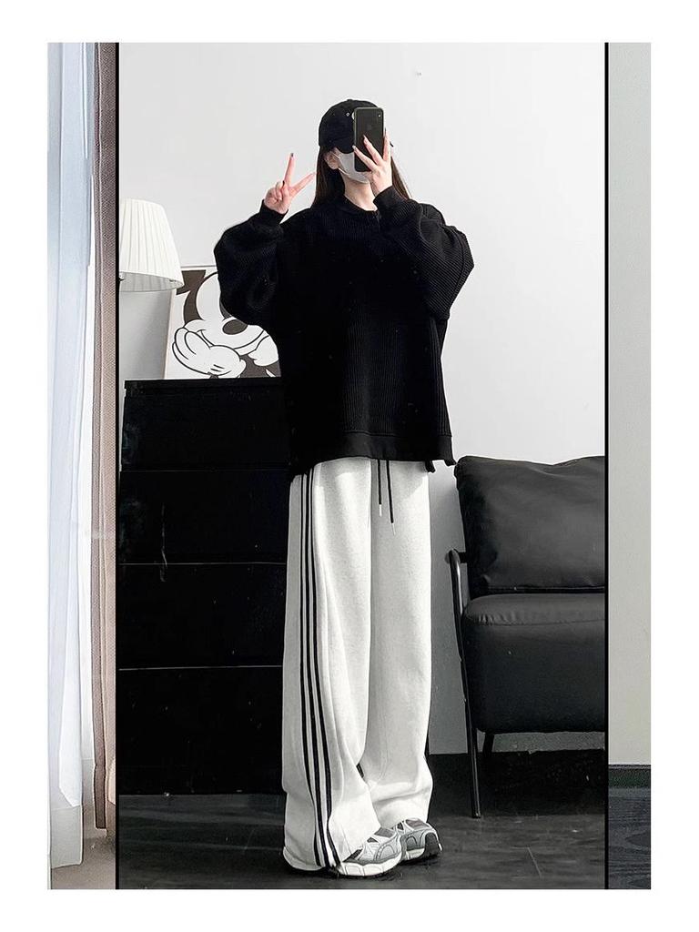 Women's White Gray Striped Wide-Leg Sweatpants - New for Spring & Autumn 2024