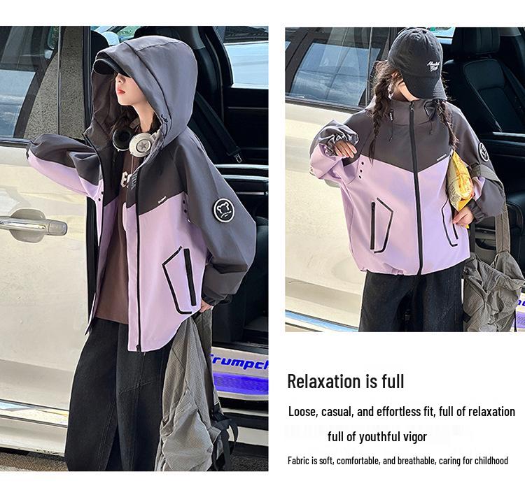 Girls' Color Block Hooded Windbreaker - Casual Spring/Autumn Jacket for Big Kids