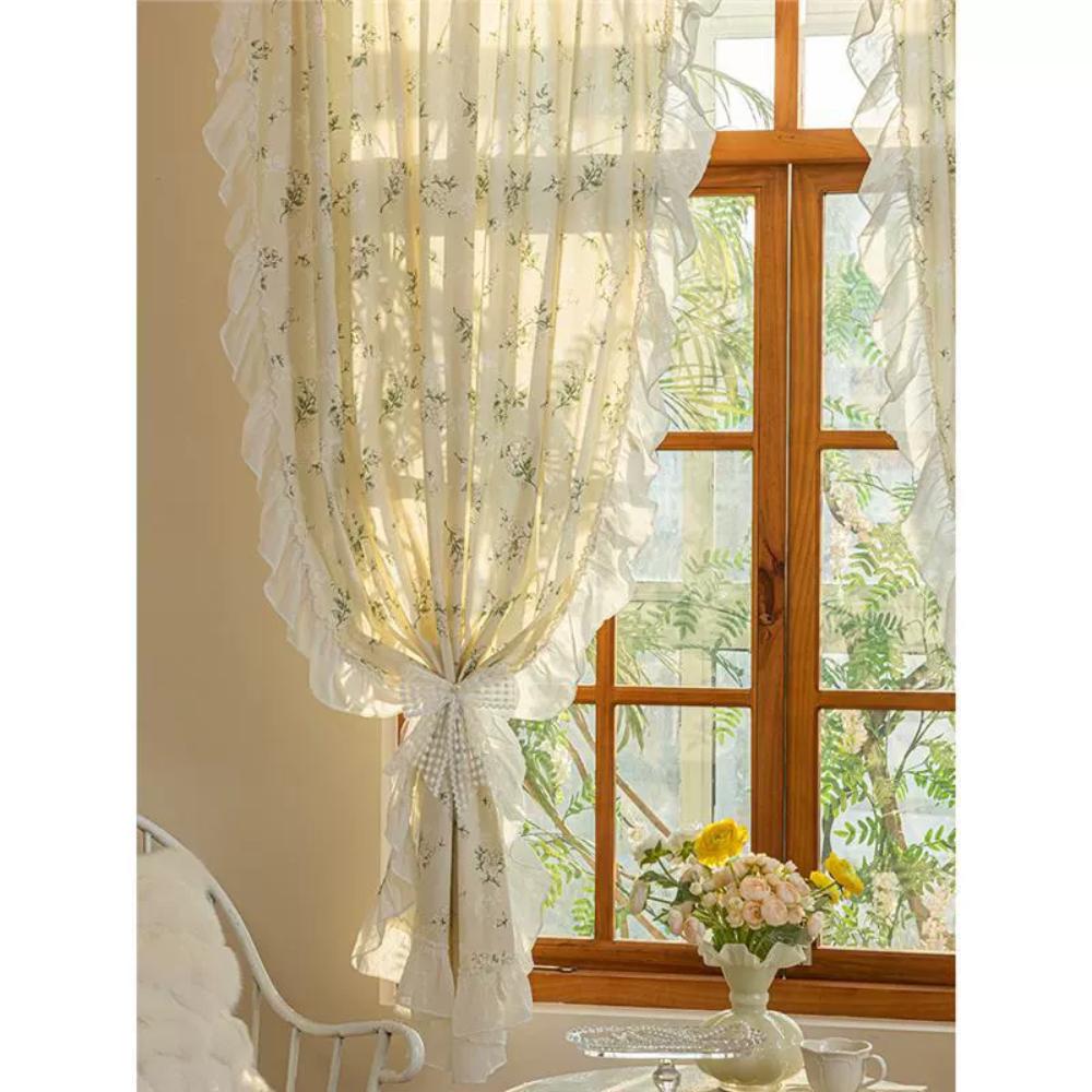 Curtains for Living Room Luxury Farmhouse Curtains Cotton Floral Ruffle Trim Privacy Drapes for Semi-blackout Vintage Chic Decor