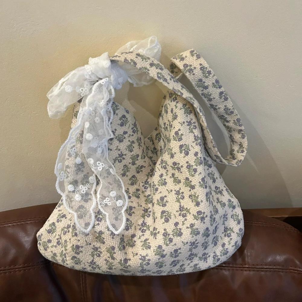 

Floral Shoulder Bag with Silk Ribbon Tote Bags Fashion Canvas Handbag Women