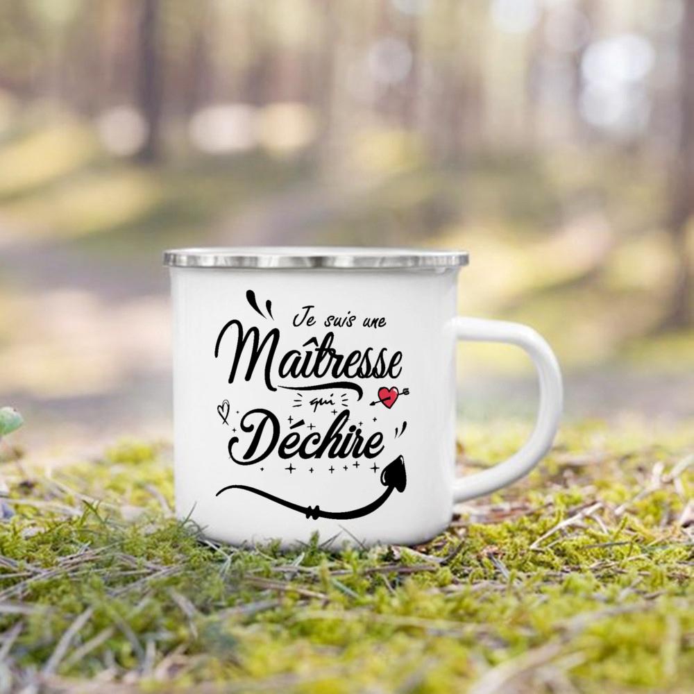 Merci Maitresse French Printed Mug Creative Coffee Cups Drinks Dessert Milk Enamel Cup Vintage Handle Drinkware Gift for Teacher