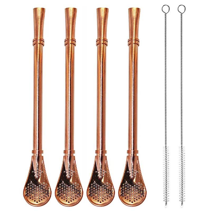 4Pcs Spoons Straws Yerba Mate Tea Bombilla Stainless Steel Straws Drinking Stirring Spoon Head Filter Straws for Cocktail Coffee