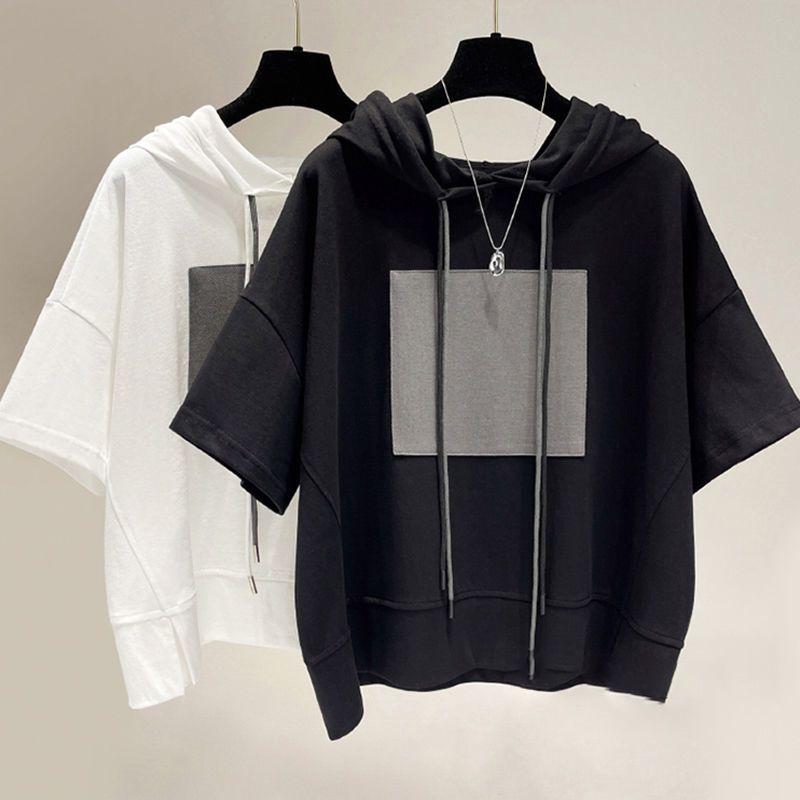 T-shirt Women Hooded Summer Casual Large Size Loose Round Neck Pullover Short-sleeved Tops