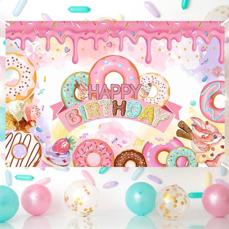 Donut Theme Party Backdrop Banner Happy Birthday Party Decor Photo Booth Background Baby Shower Girl Hanging Flag Backdrop Props