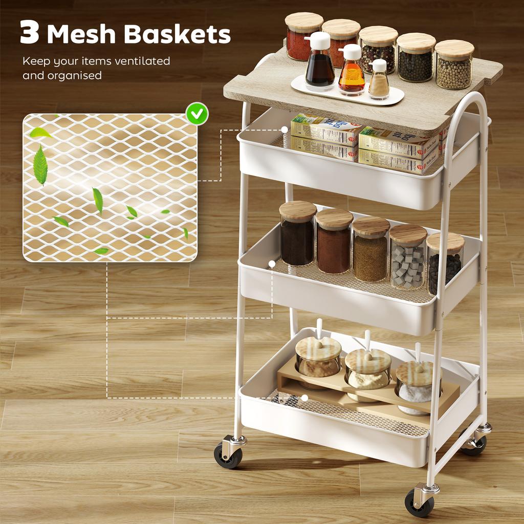 3-Tier Kitchen Storage Trolley with on Wheels Cover Top Board - White and Oak