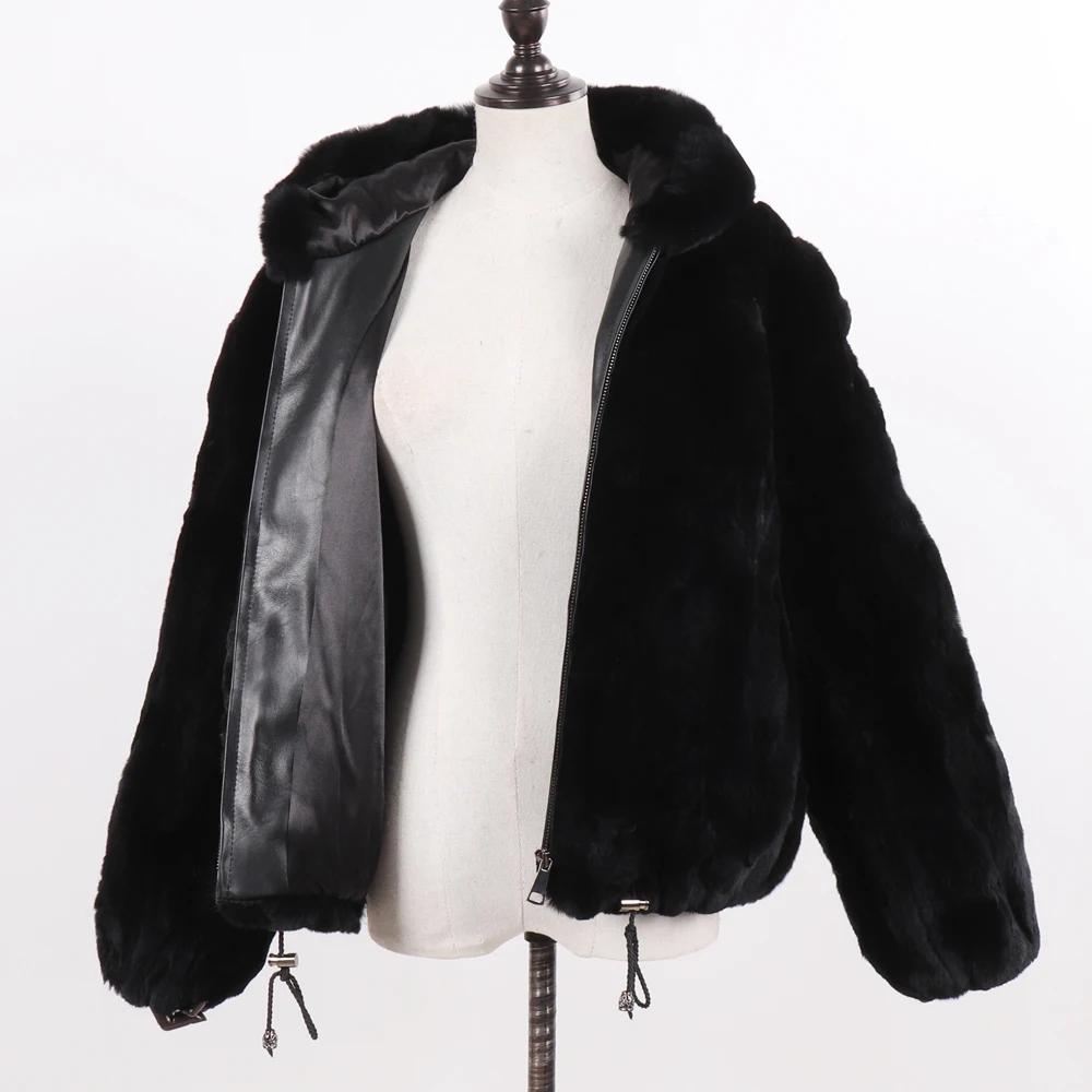 New Women 100% Natural Rex Rabbit Fur Hooded Coats Winter Russian Lady Warm Real Rex Rabbit Fur Jackets Hot Genuine Fur Overcoat