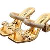 Large size cool slippers women's new metal buckle one-word drag special-shaped heel rhinestone sandals women