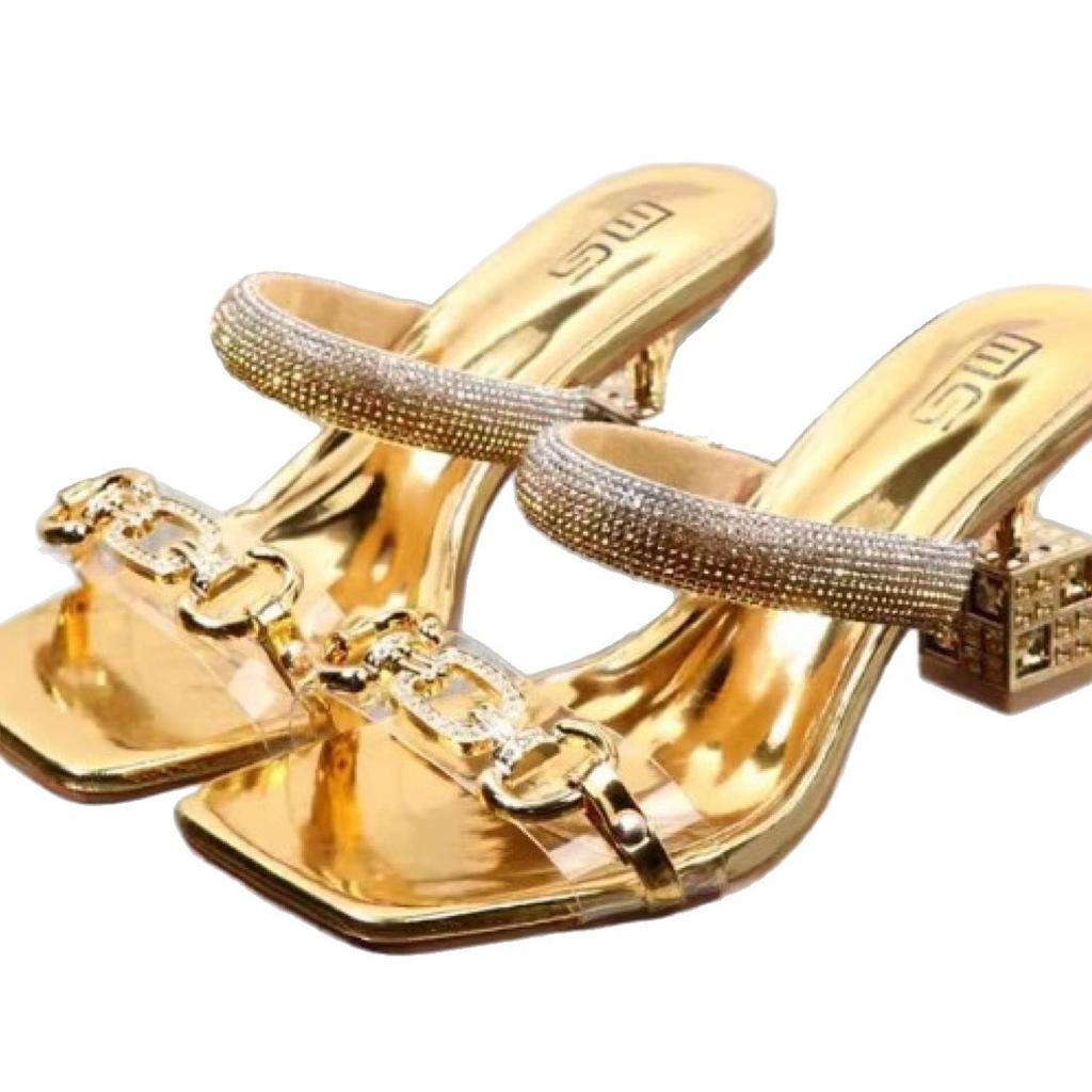 Large size cool slippers women's new metal buckle one-word drag special-shaped heel rhinestone sandals women