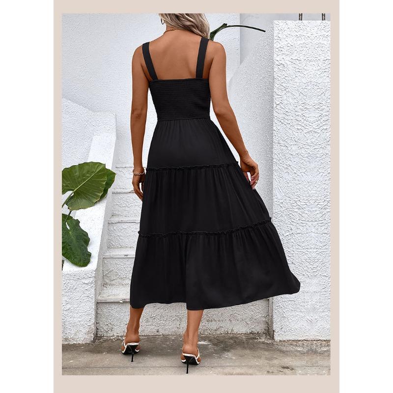 Women's Casual Vacation Versatile Solid Color Suspender Square Collar Summer Waist-hugging Dress