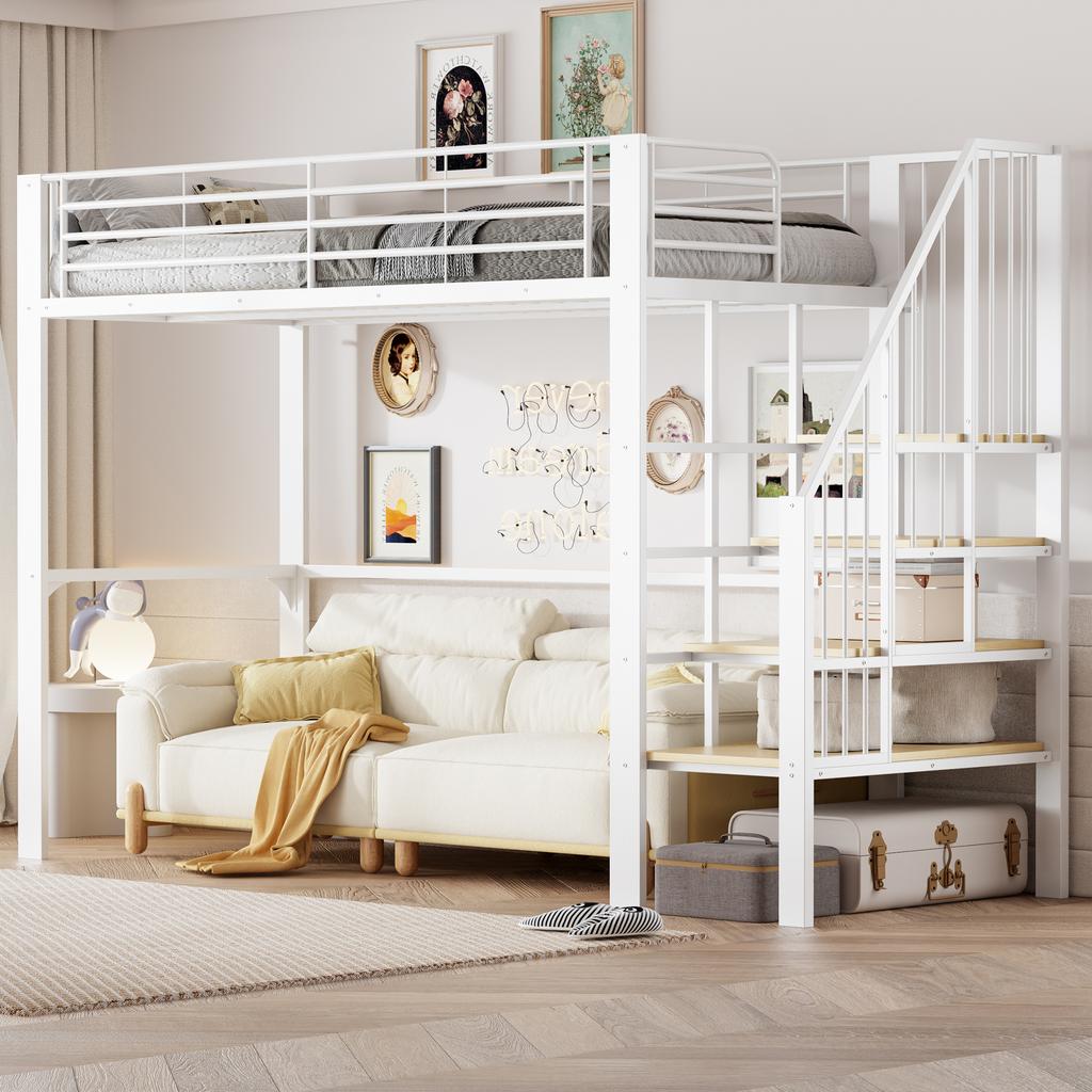 Letto a soppalco 90 x 200 Struttura Metallica Stabile con Ampio Spazio di Archiviazione Sotto il Letto e Scaletta Ideale per Bambini e Adulti
