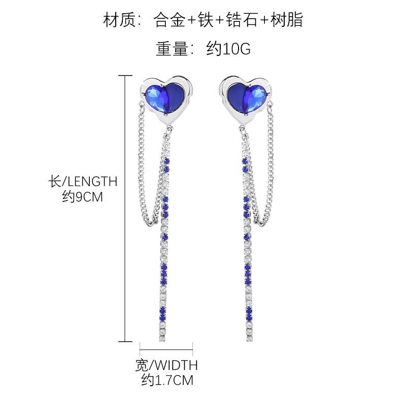 Personalized blue love new Chinese earrings zircon earrings retro heart-shaped long chain earrings wholesale