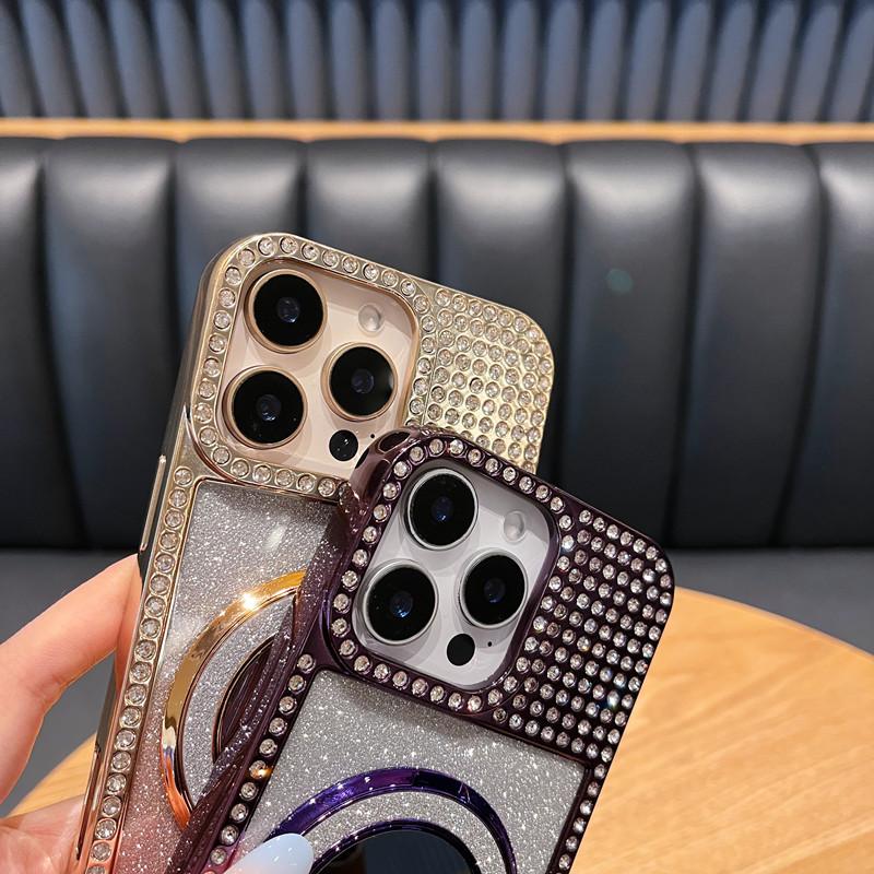 Applicable To Apple 16 ProMax Diamond inlaid Flash Powder Mirror Bracket Mobile Phone Case Magnetic IPhone 15 Luxury Protective Case