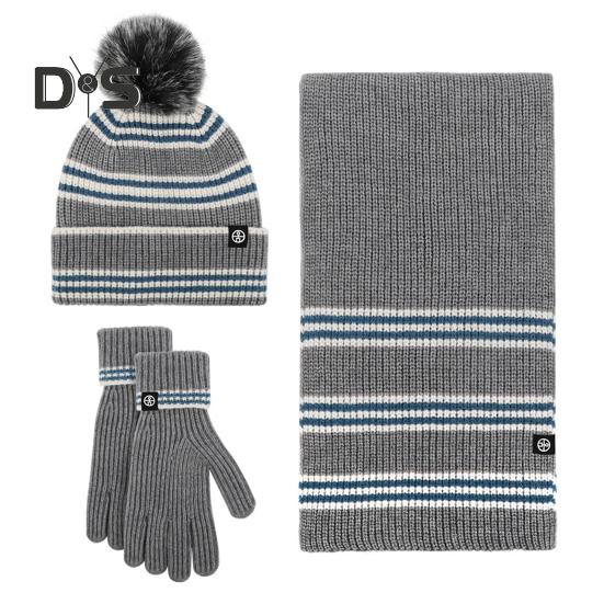 

3 шт./комплект унисекс зимняя шапка шарф перчатки комплект толстый плюшевый мяч декор полосатый вязаный теплый шапка перчатки эластичный ветрозащитный зимний на открытом воздухе велосипедный купол серый