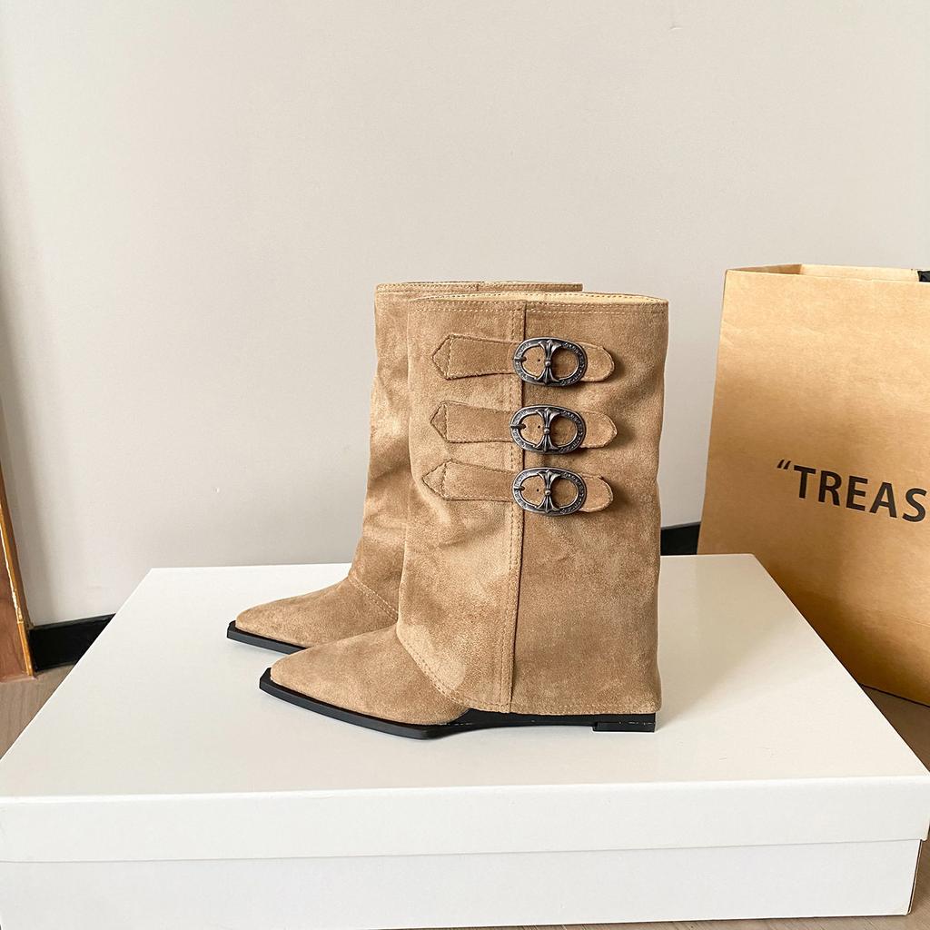 Boots women's niche pointed design new autumn slope heel medium tube Spice girl belt buckle fashion boots tube feeling
