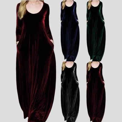Herbst Winter Damen Übergröße Kleid Langes Gold Samtkleid Rundhalsausschnitt Langarm Elegantes Samtkleid