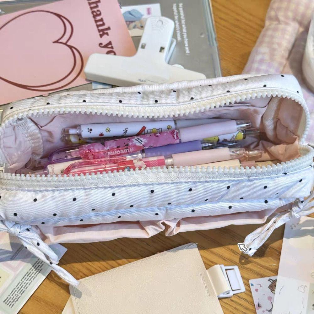 White With Pink Student Pencil Box Simple and Niche Bow Pencil Case Makeup Storage Bags
