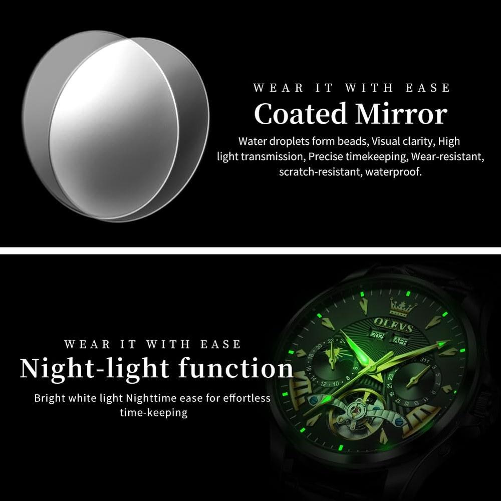 OLEVS Automatic Men’s Wristwatch Multi-Calendar Moon Phase 3 ATM Waterproof Business Classic Luxury Black-A Dial Retro