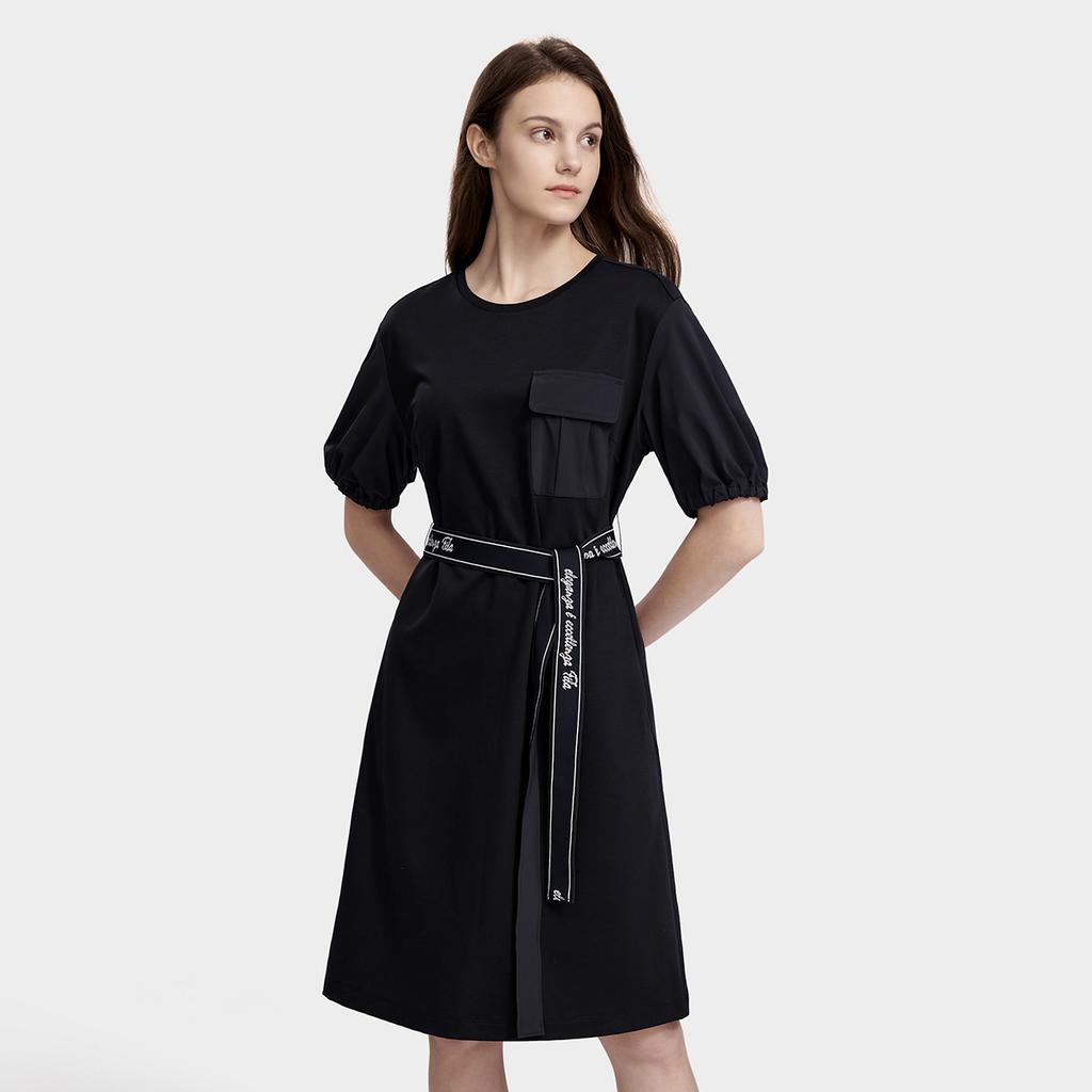 Fila Solid Color Fashion Casual Breathable Comfortable Pullover Round Neck Knitted Short Sleeve Dress Women Dresses Legendary-Blue F11W327303FNV