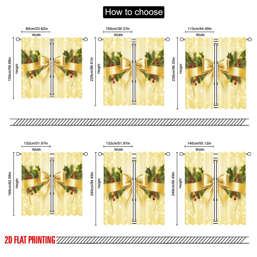 2pcs,2D Plane Printing Popular Curtains Christmas Bow Holly Berries Ornaments (2) Polyester Fabric (without Rod) Room Decor