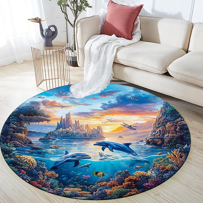 Dolphins Coral Round Area Rug,Carpet Rug for Living Room Bedroom Sofa Playroom Decor,Non-slip Floor Mat