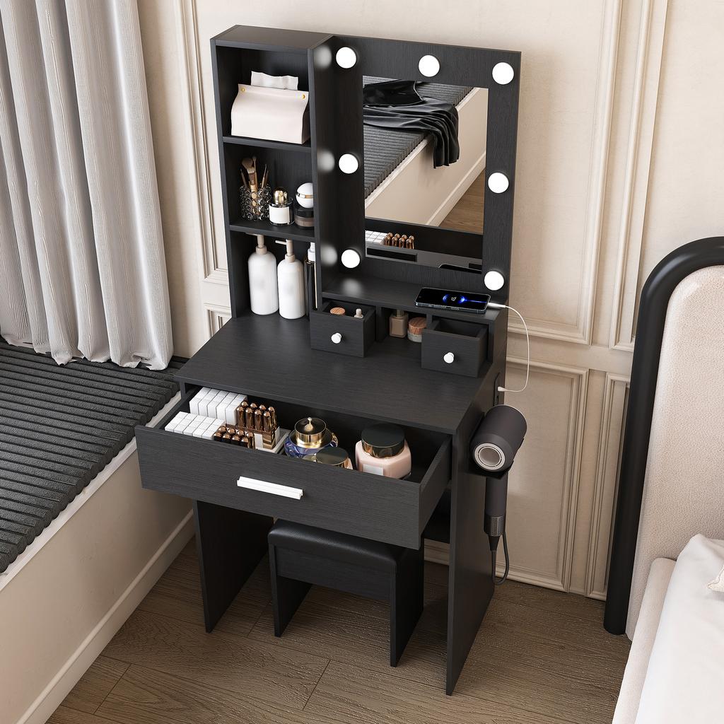 Small Vanity Table with Mirror and Adjustable LED Lighting, Socket, Hair Dryer Holder & Padded Stool - with Drawers and Shelf, Black, W60/H131.5/D38cm