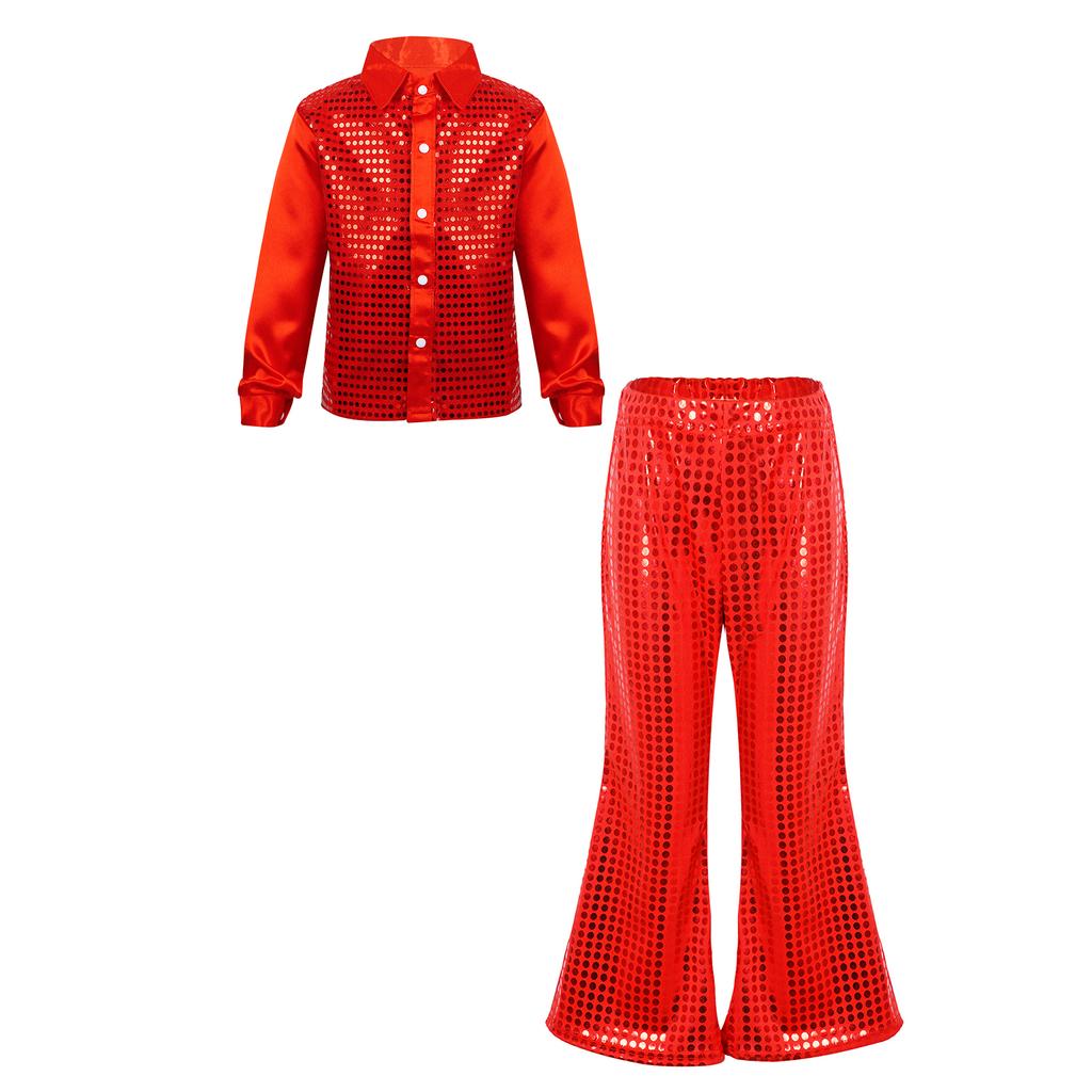 Boys Sequined Long Sleeve Spread Collar Shirt Elastic Waistband Flared Pants Jazz Outfit