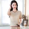 Womens Solid Color Crew Neck Hollow Out Knit Short Sleeve T Shirt