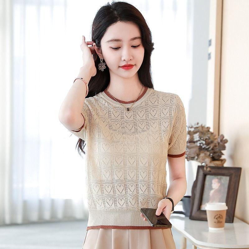 Womens Solid Color Crew Neck Hollow Out Knit Short Sleeve T Shirt