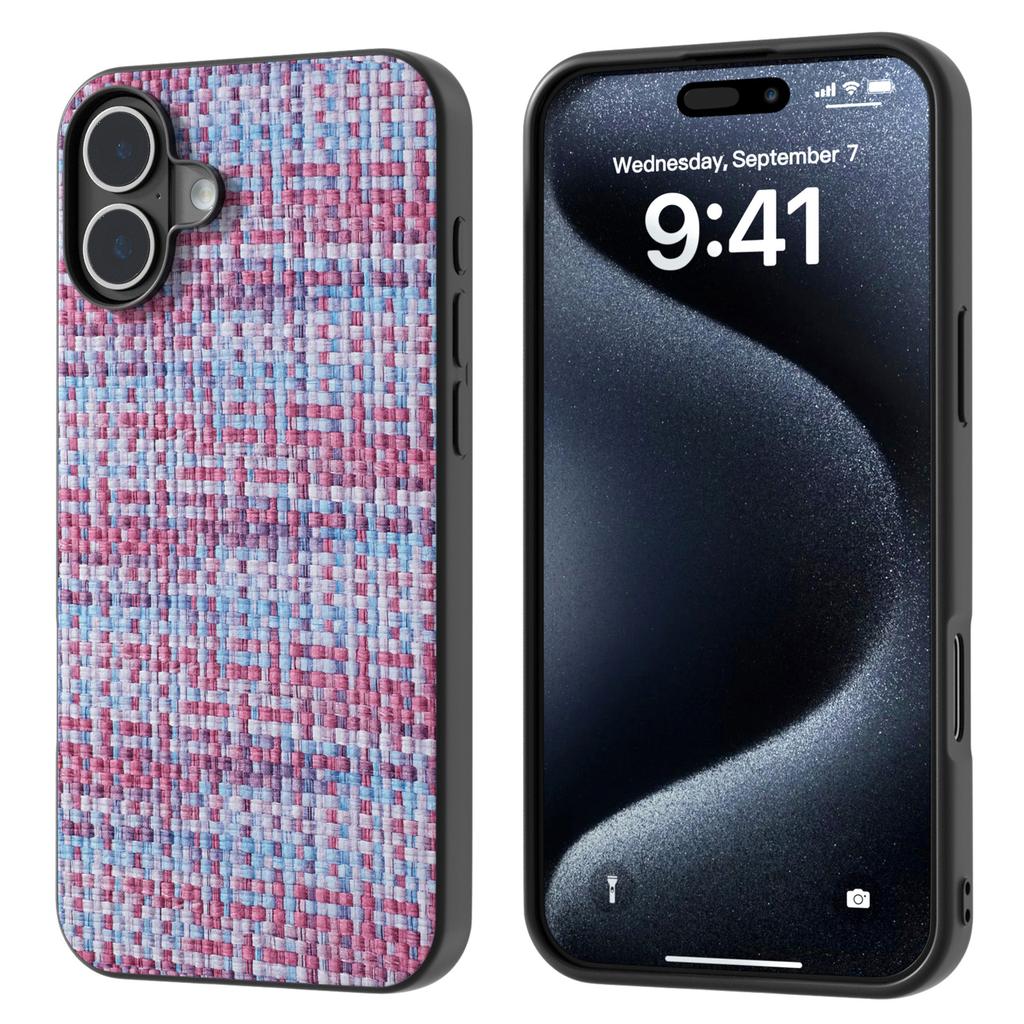 For iPhone 16 Plus Case Plaid Texture PU Leather Coated PC+TPU Phone Cover