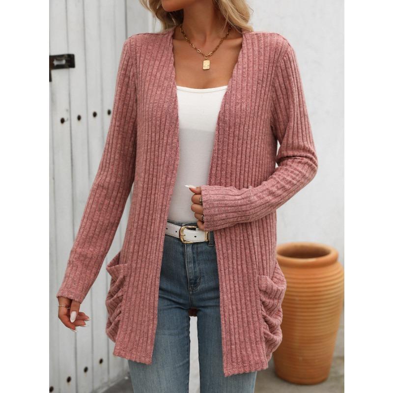 Outono e inverno feminino malhas cor sólida pit listra escovado bolso cardigan manga longa jaqueta