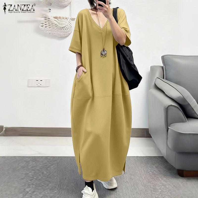 ZANZEA Women Casual V-Neck Loose Half Sleeve Long Dress