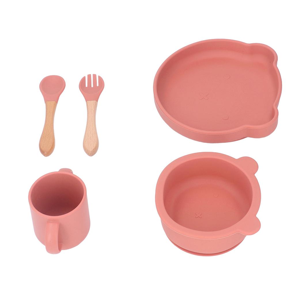 Baby Feeding Set Cute Bear Shape Soft Safe Silicone Toddler Suction Plate Bowl Cup Fork Spoon Set for Weaning