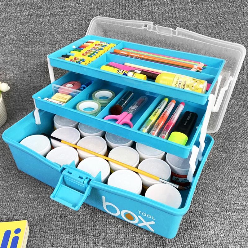Portable Three-Layer Art Supplies Storage Box for Students and Artists