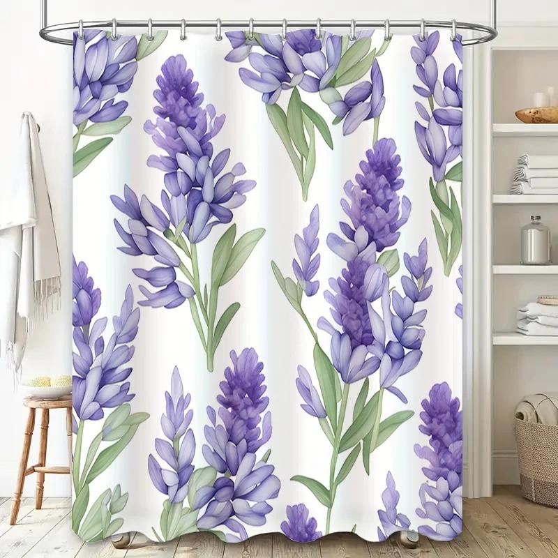 Purple Lily Shower Curtain Waterproof Home Decor Bathroom Window Decoration Floral Printed Bath Mat White Green Background Patte